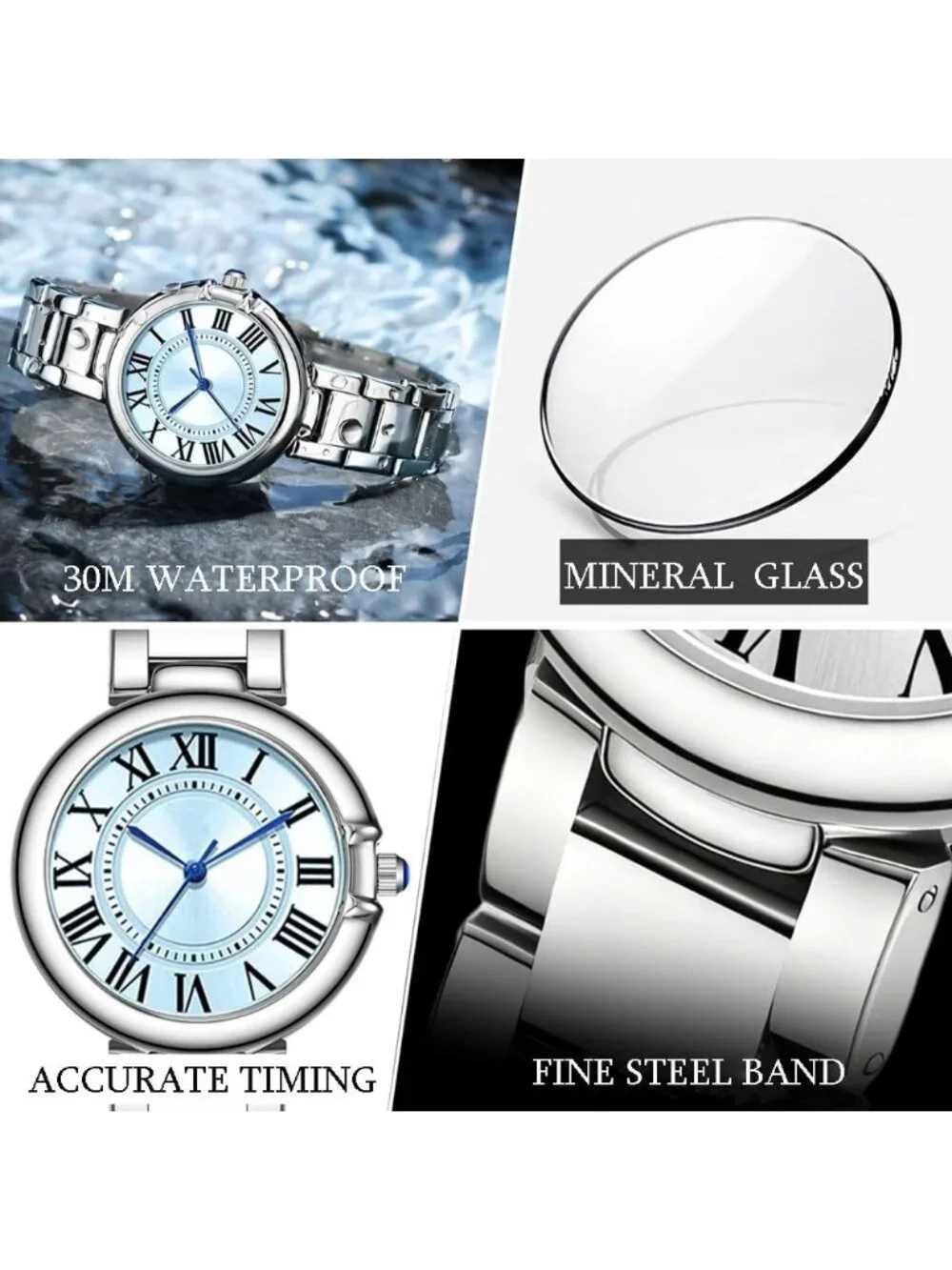 Women's Silver-Blue Classic Vintage Roman Numerals Dial Stainless Steel Watch